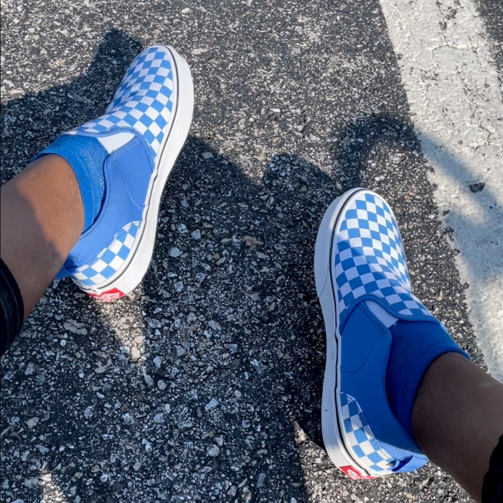 Baby blue checker dice low top vans